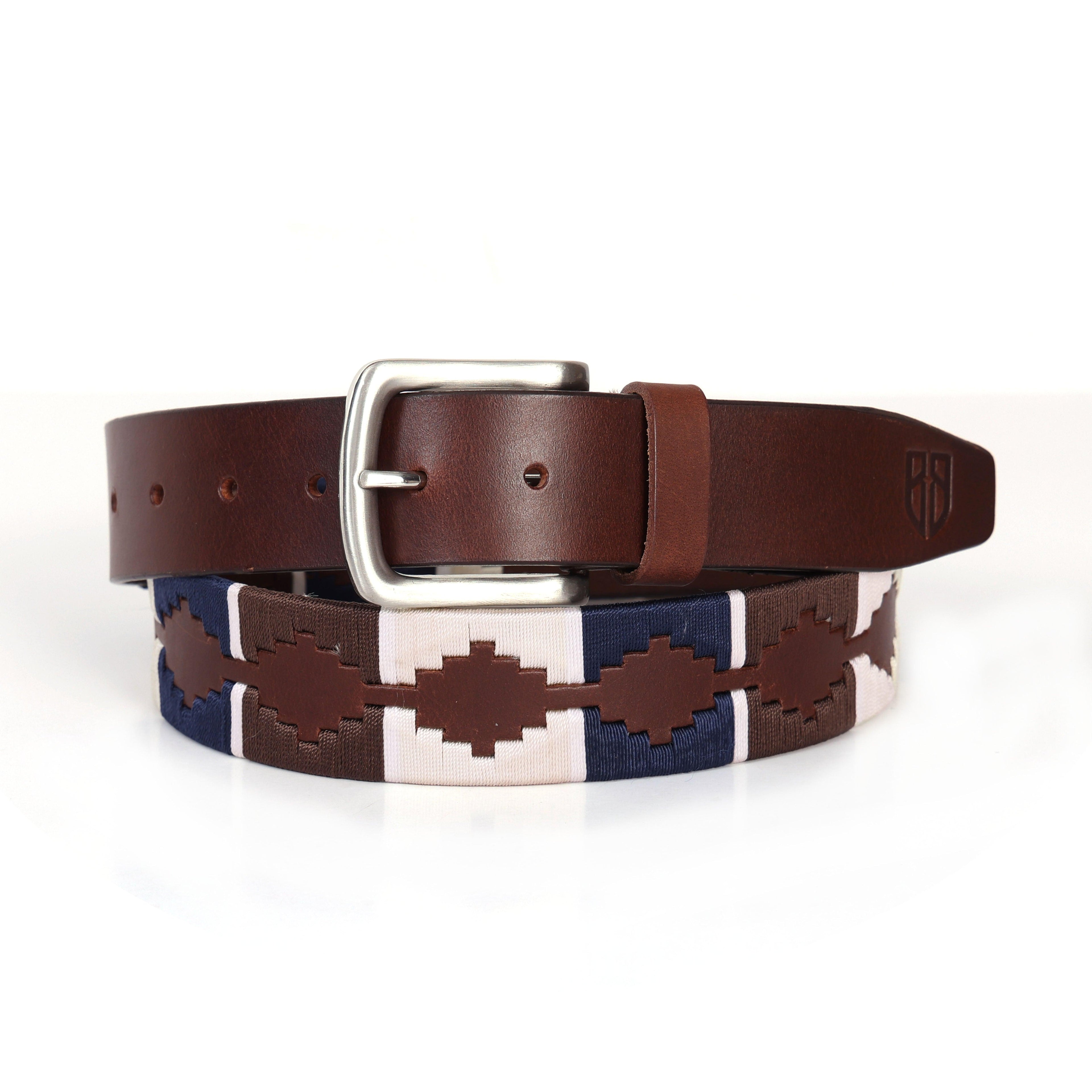 Brown Polo Leather Belt with Blue, Cream, and Brown Stitching & Silver Buckle