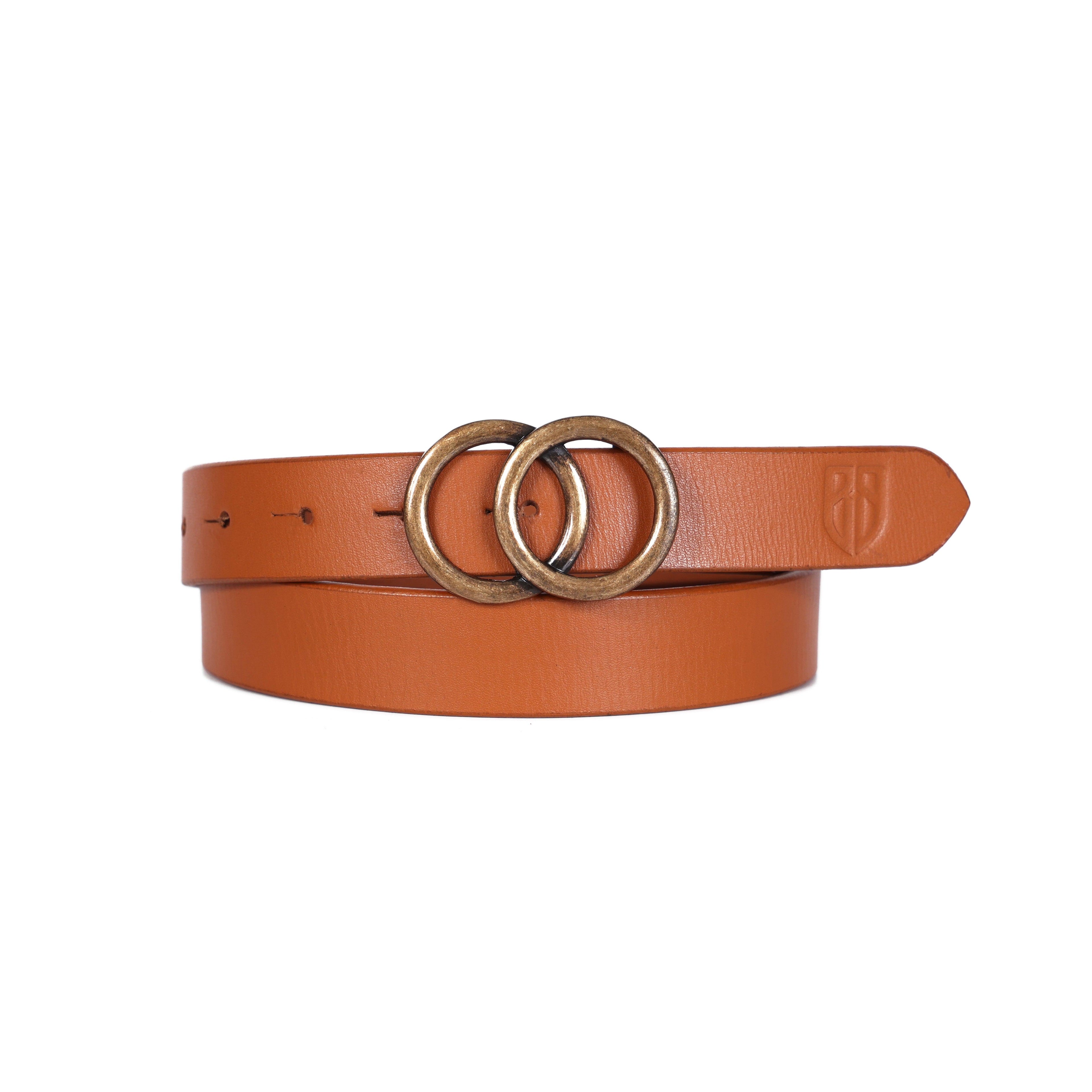 Tan Leather Belt for Women with Double Ring Antique Golden Buckle