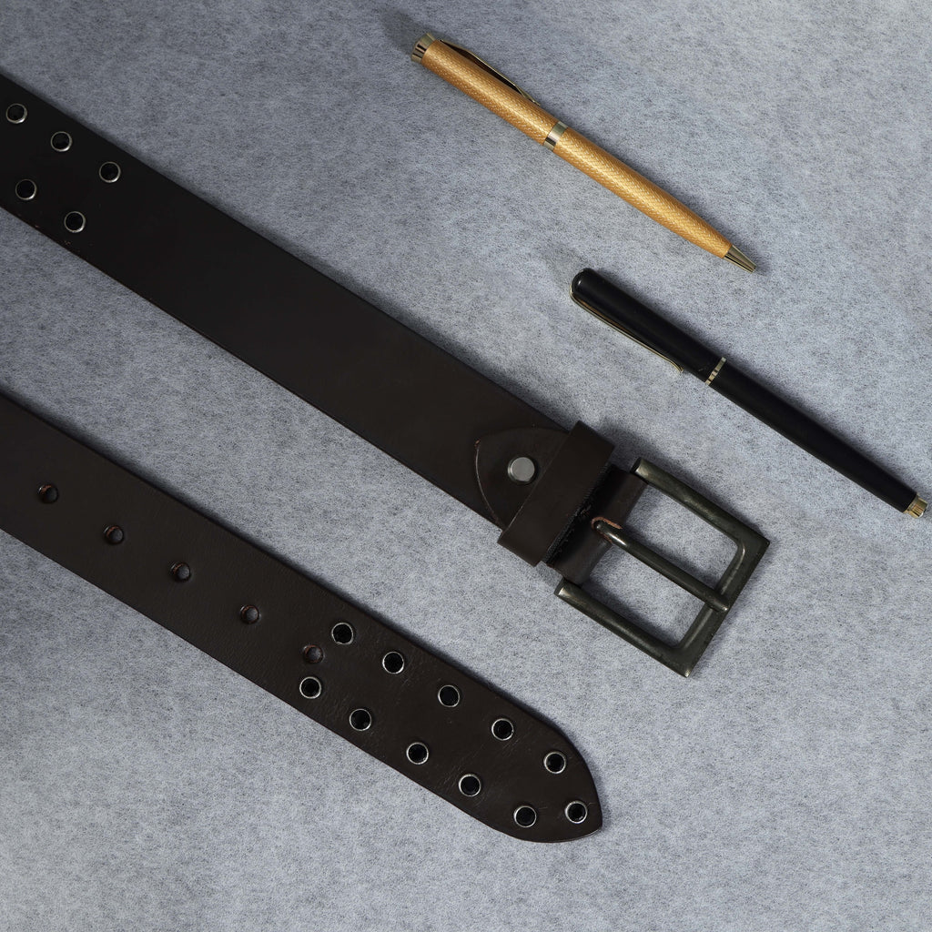 Men’s Brown Leather Double Grommet Belt – Heavy-Duty Punk Rock Belt with Black Eyelets & Antique Black Buckle