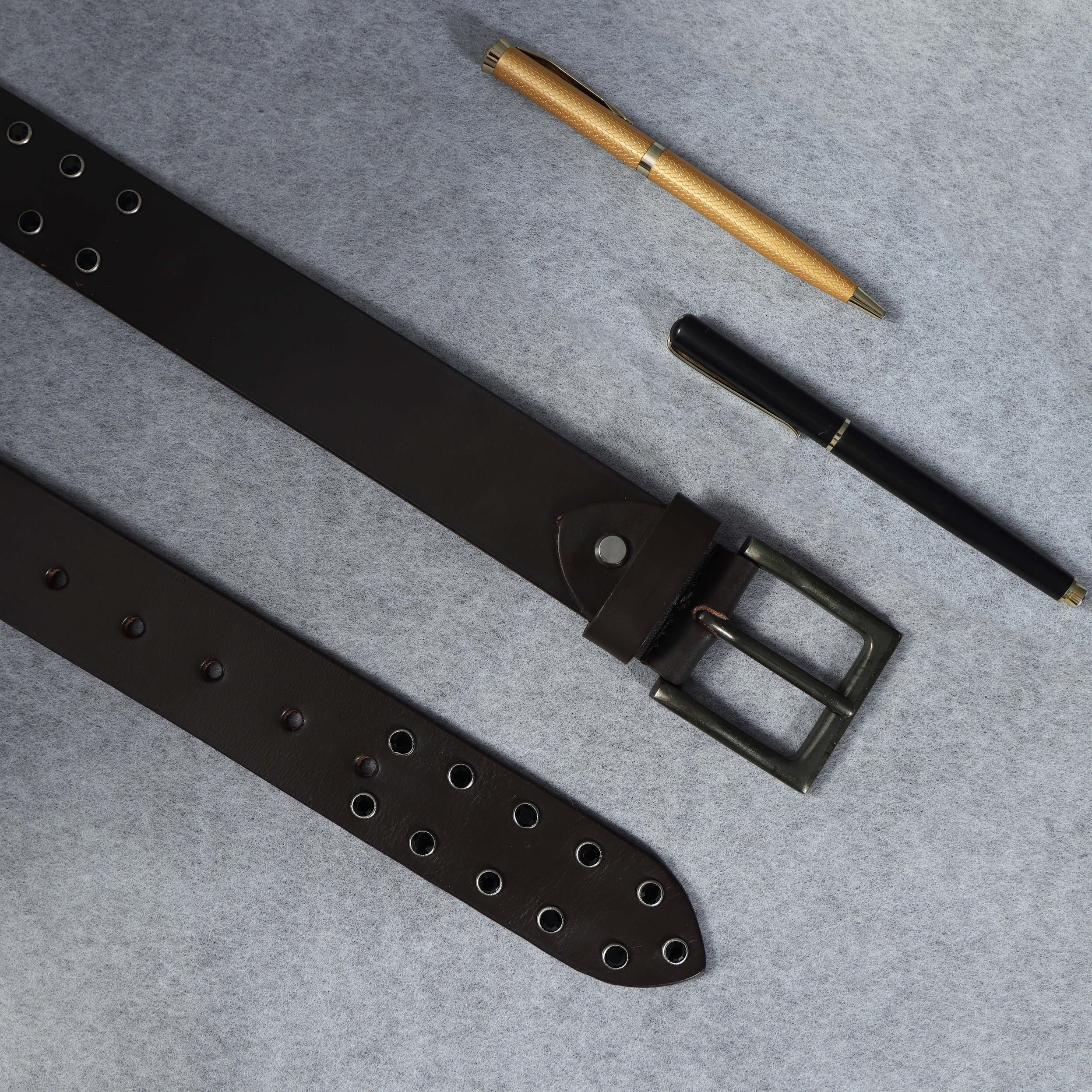 Men’s Brown Leather Double Grommet Belt – Heavy-Duty Punk Rock Belt with Black Eyelets & Antique Black Buckle