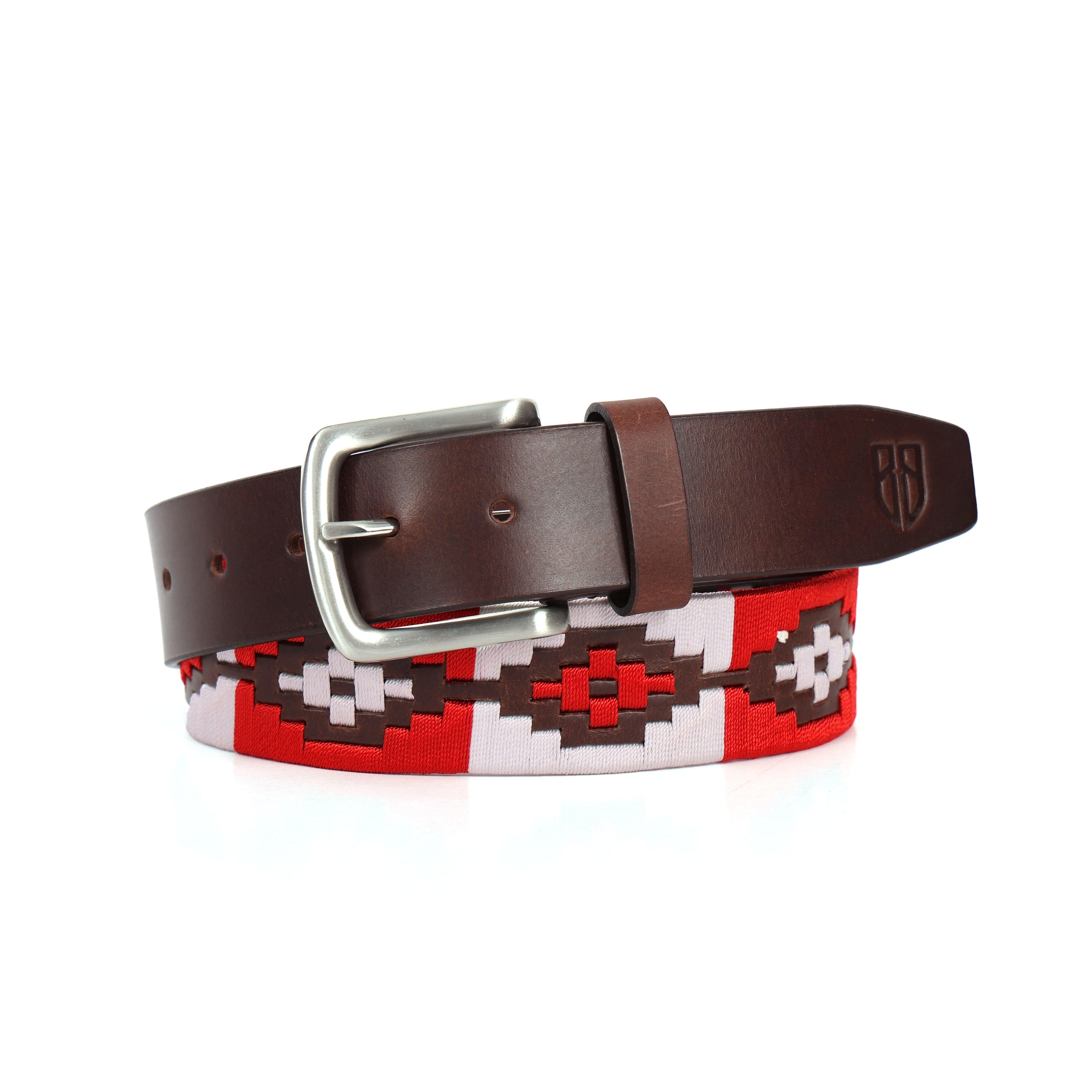 Brown Polo Leather Belt with Red and White Stitching & Silver Buckle