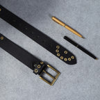 Black Leather Grommet Belt for Men – Double Eyelet Punk Rock Belt with Brass Buckle