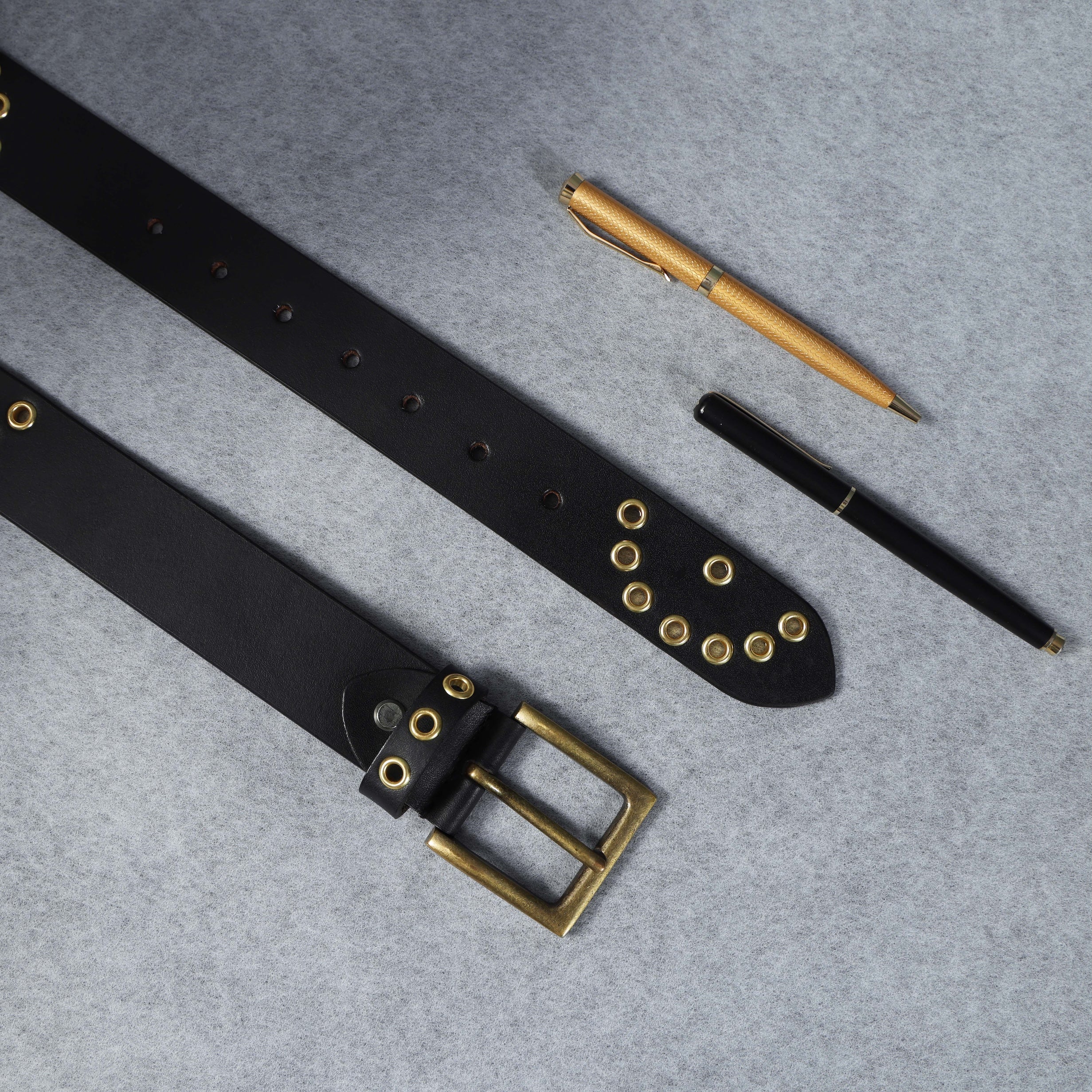 Black Leather Grommet Belt for Men – Double Eyelet Punk Rock Belt with Brass Buckle
