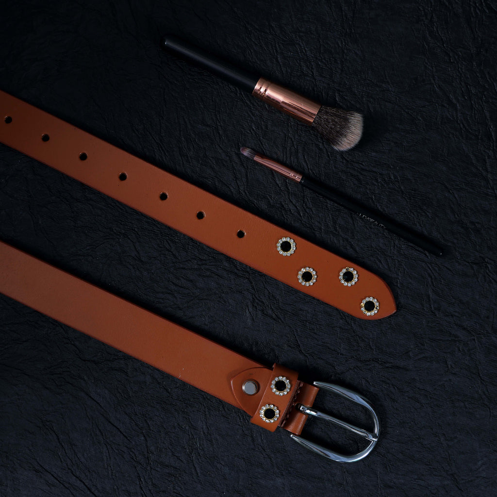 Tan Studded Leather Belt for Women – Vintage Western-Style Grommet Belt with Silver Buckle