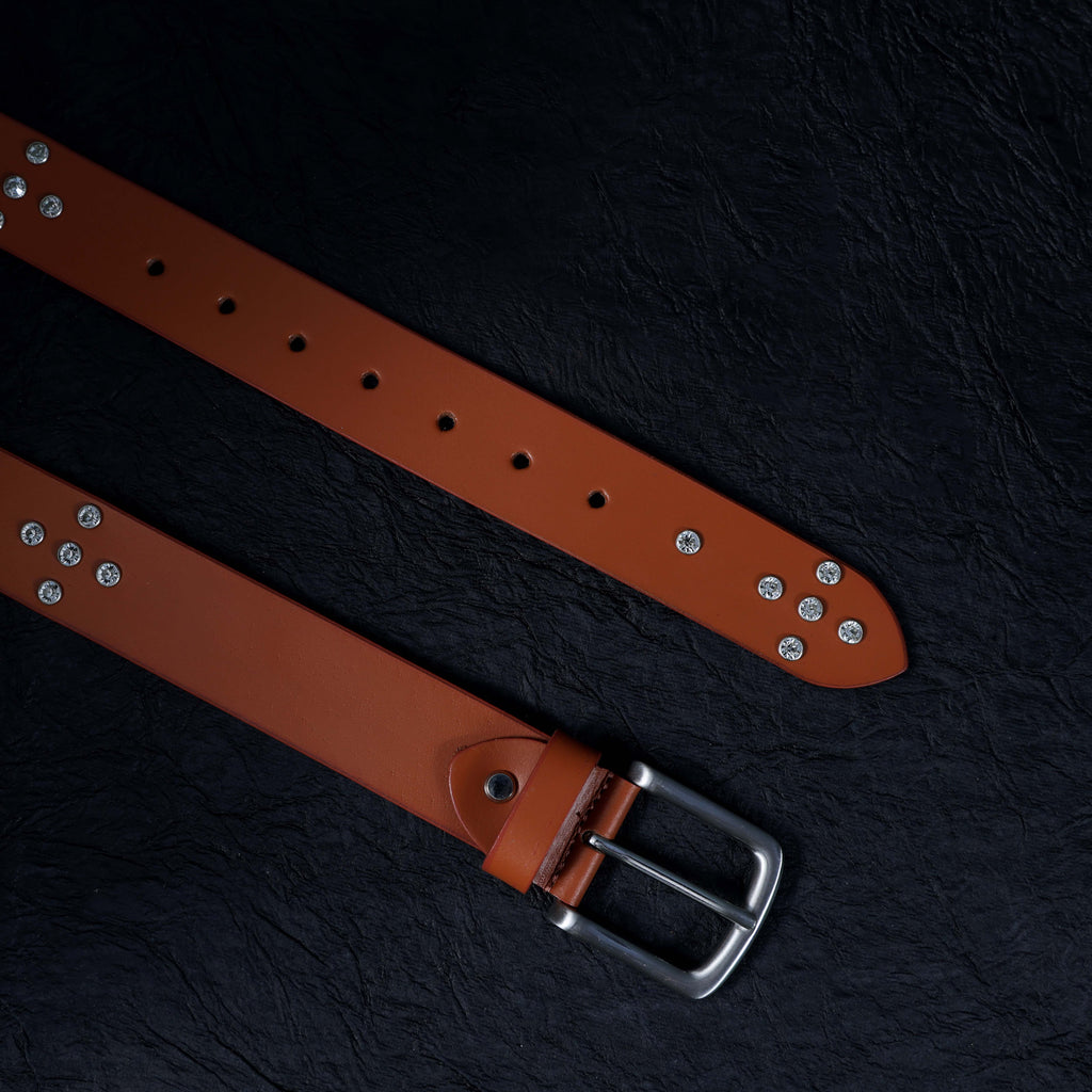 Mens’s Tan Leather Studded Belt – Crystal Rhinestones & Silver Buckle