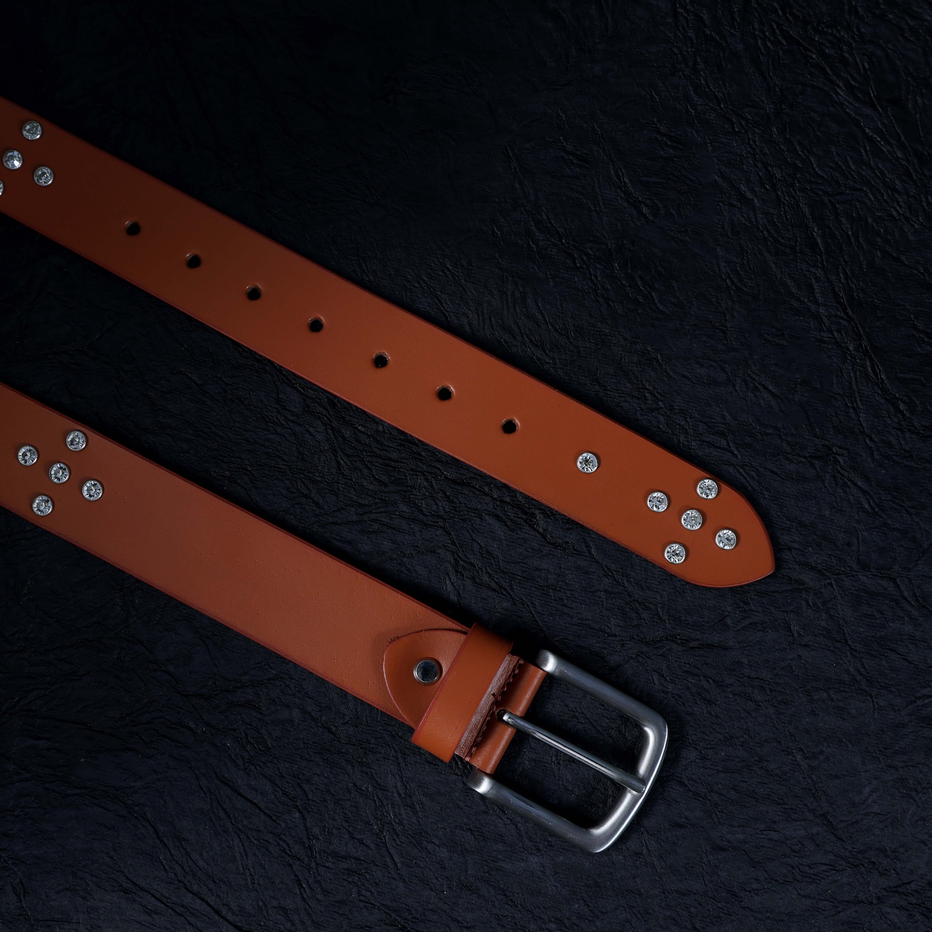 Mens’s Tan Leather Studded Belt – Crystal Rhinestones & Silver Buckle