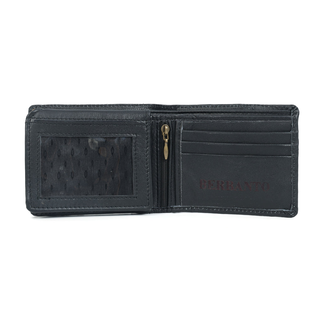 Handcrafted Gaucho Leather Wallet – Matt-Black Bifold with Sky-Blue & Black Patagonian Embroidery