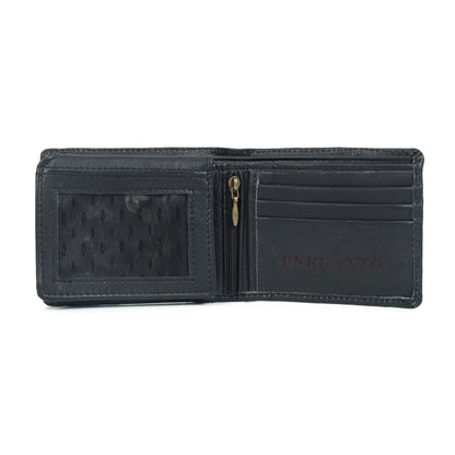 Handcrafted Gaucho Leather Wallet – Matt-Black Bifold with Sky-Blue & Black Patagonian Embroidery