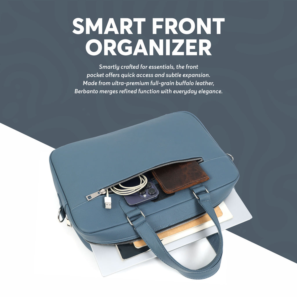Steel-Blue Full-Grain Leather Laptop Bag