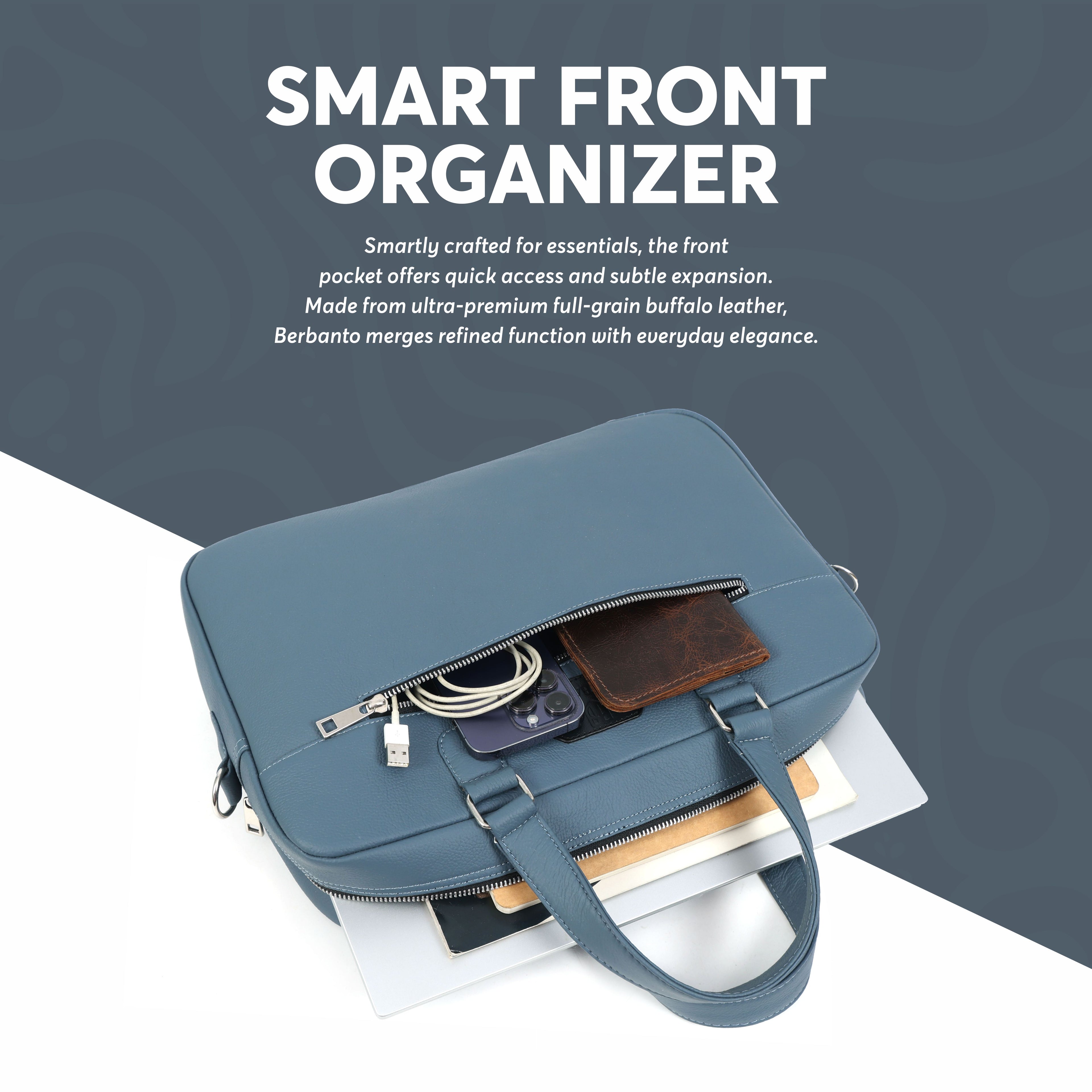 Steel-Blue Full-Grain Leather Laptop Bag