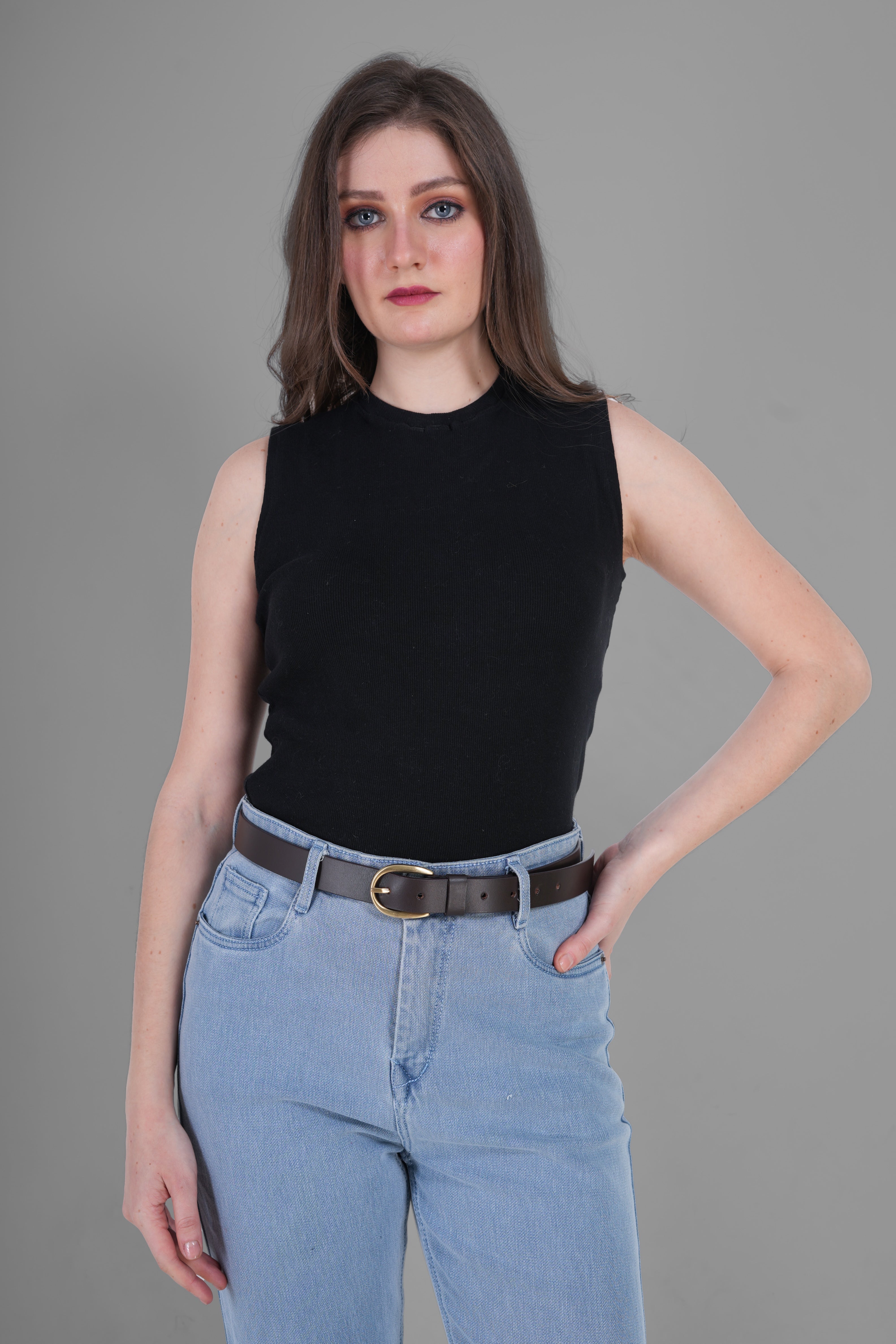 Brown Leather Belt for Women with Golden Buckle
