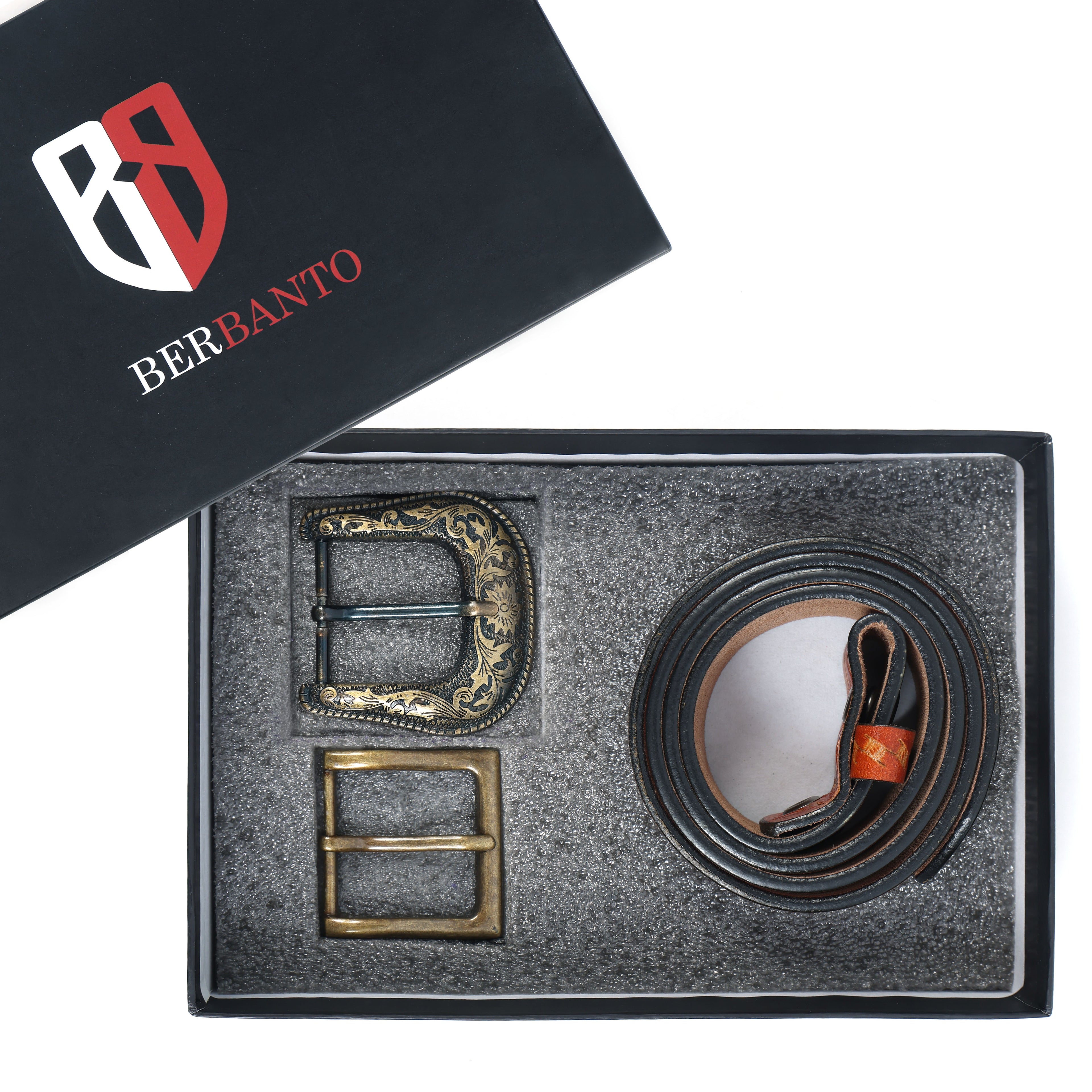 Berbanto Two Tone Tan Leather Western Belt with Western Engraved Brass Buckle + Free Antique Plain Buckle