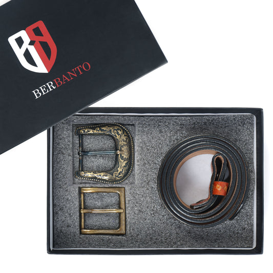Berbanto Two Tone Tan Leather Western Belt with Western Engraved Brass Buckle + Free Antique Plain Buckle