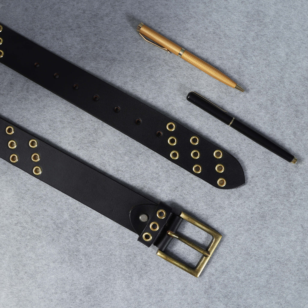 Men’s Black Leather Grommet Belt – Double Row Gold Eyelets with Vintage Brass Buckle