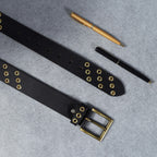Men’s Black Leather Grommet Belt – Double Row Gold Eyelets with Vintage Brass Buckle