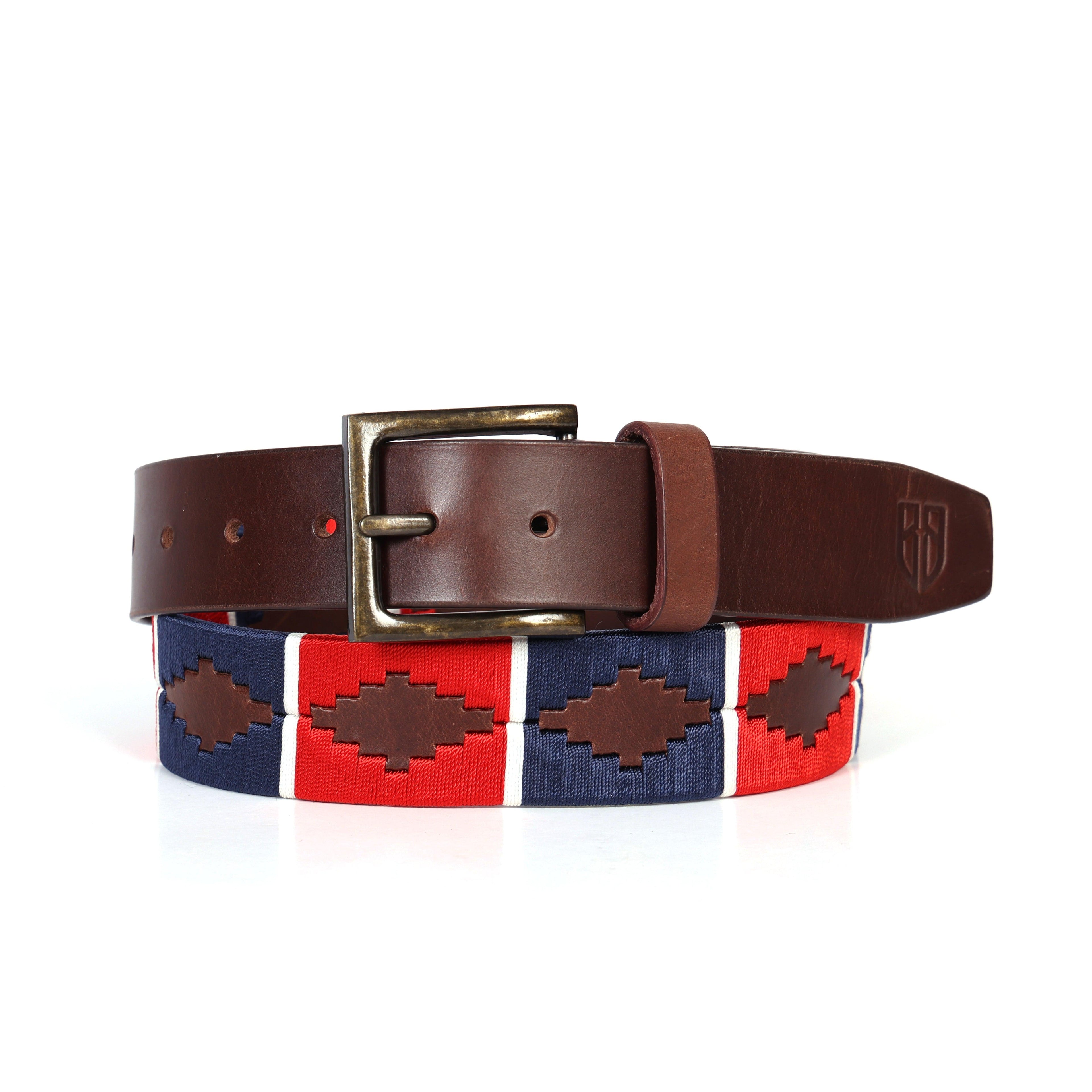 Brown Polo Leather Belt with Red and Blue Stitching and Antique Buckle