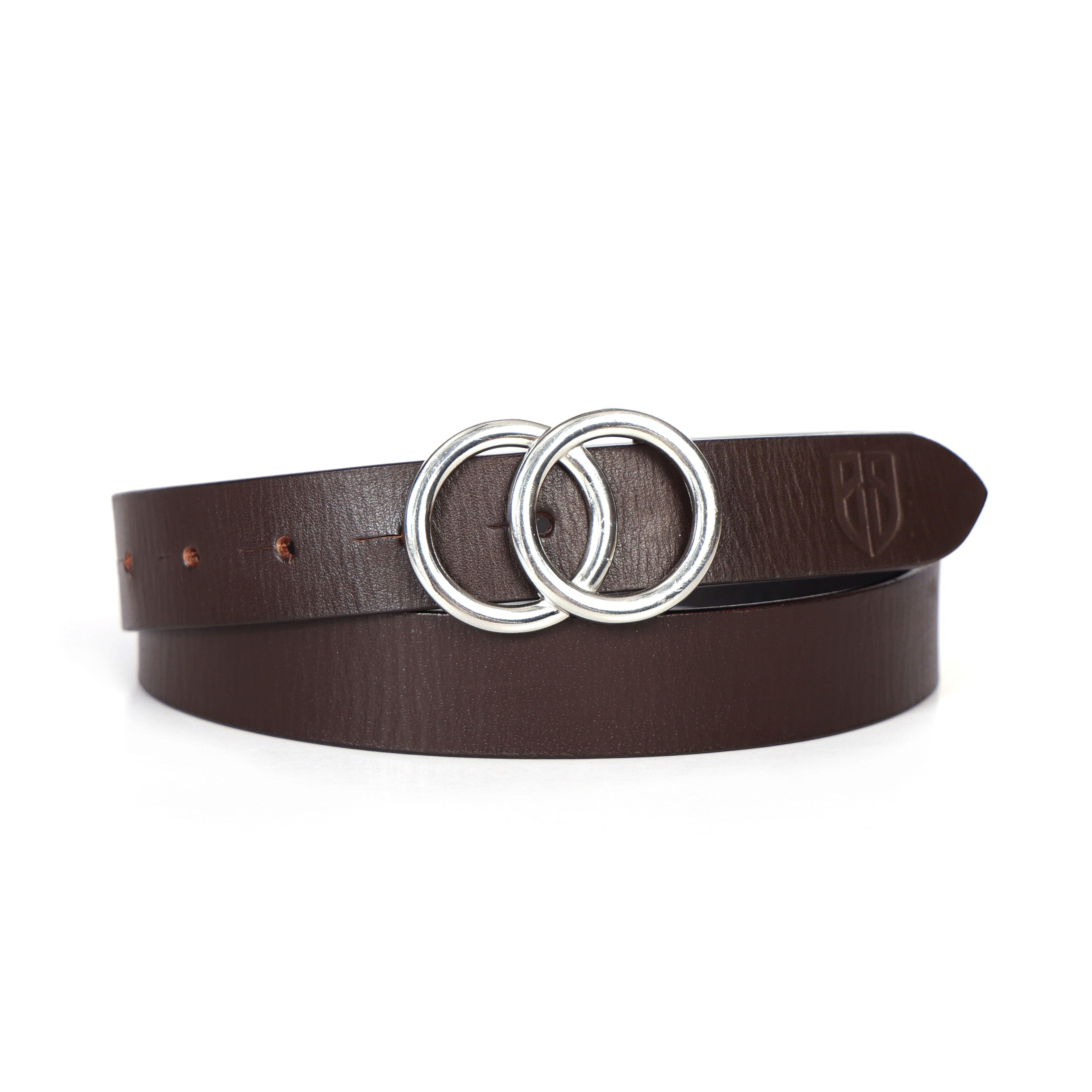 Brown Leather Belt for Women with Silver Round Buckle
