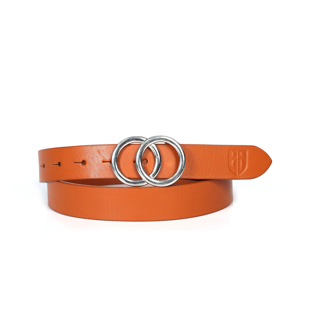 Tan Leather Belt for Women with Double Ring Silver Buckle