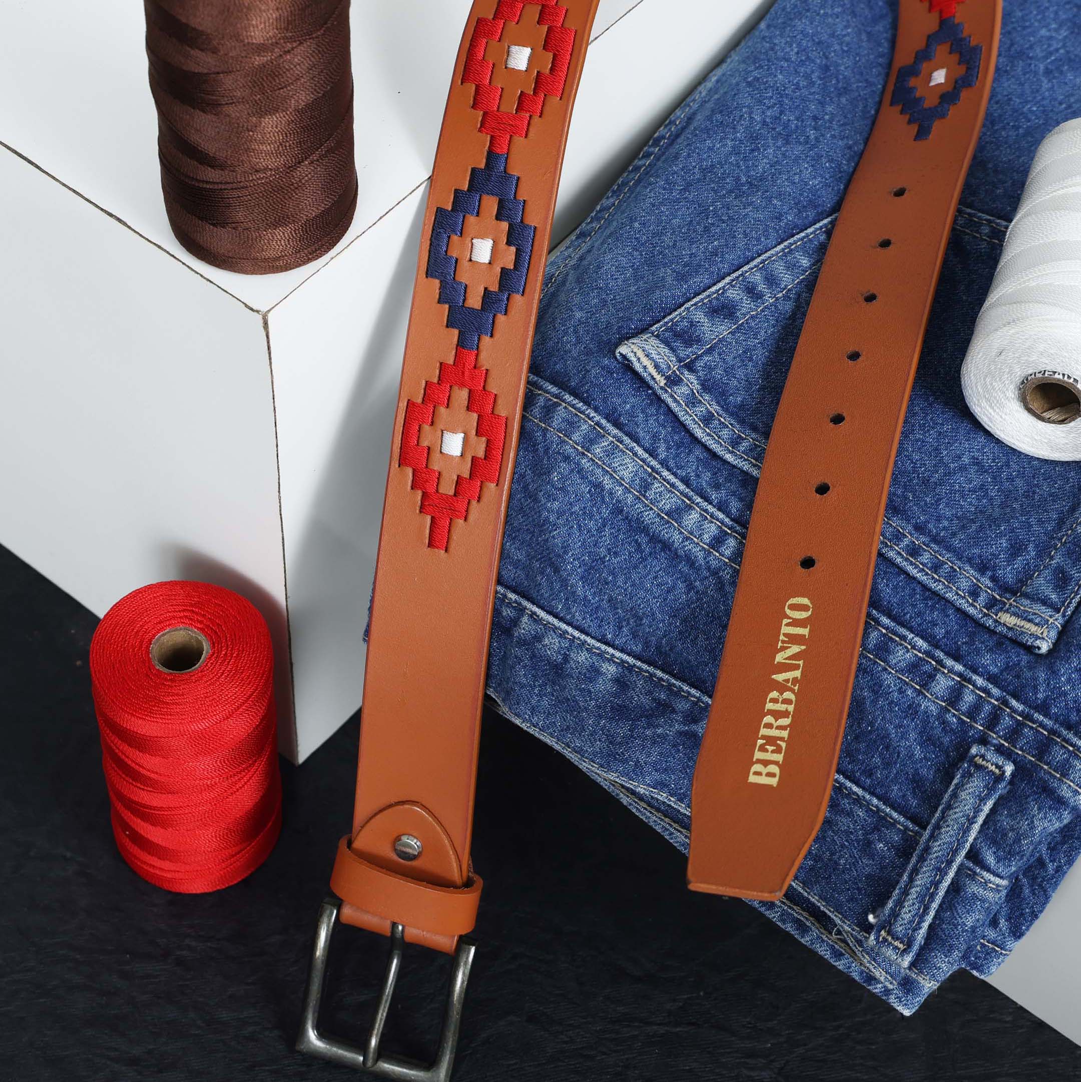 Berbanto Signature Polo Belt – Hand-Embroidered on Premium Full-Grain Tan Leather