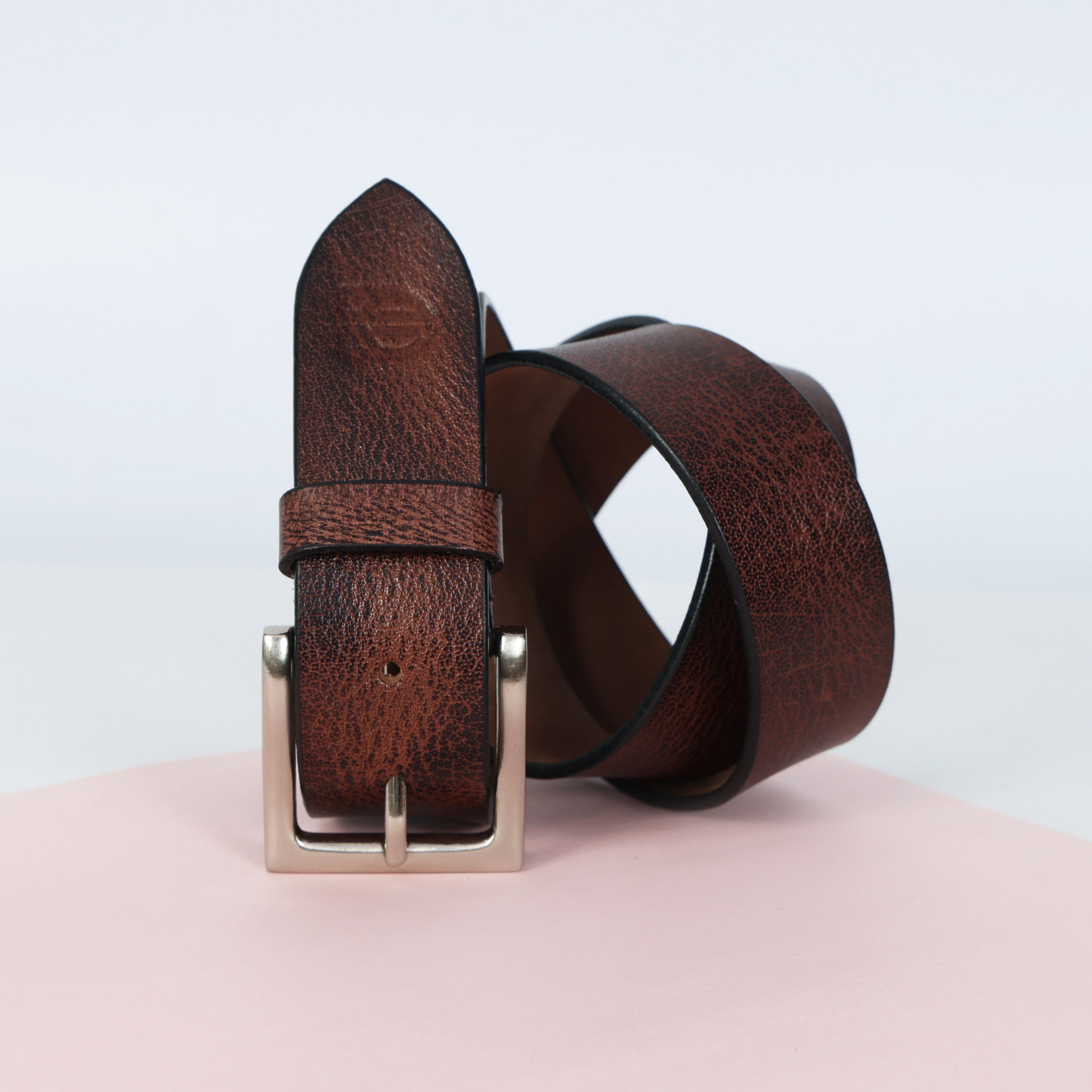 Brown Hand-Painted Leather Belt - Hammered with Silver Buckle