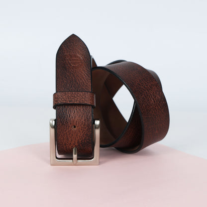 Brown Hand-Painted Leather Belt - Hammered with Silver Buckle