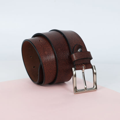 Brown Hand-Painted Leather Belt - Tree Pattern with Silver Buckle