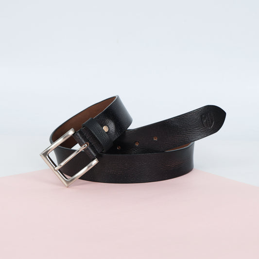 Black Hand-Painted Leather Belt - Hammered with Silver Buckle