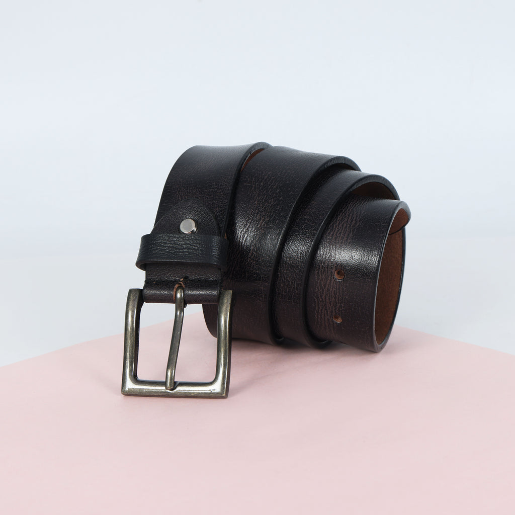 Black Hand-Painted Leather Belt - Hammered with Antique Buckle