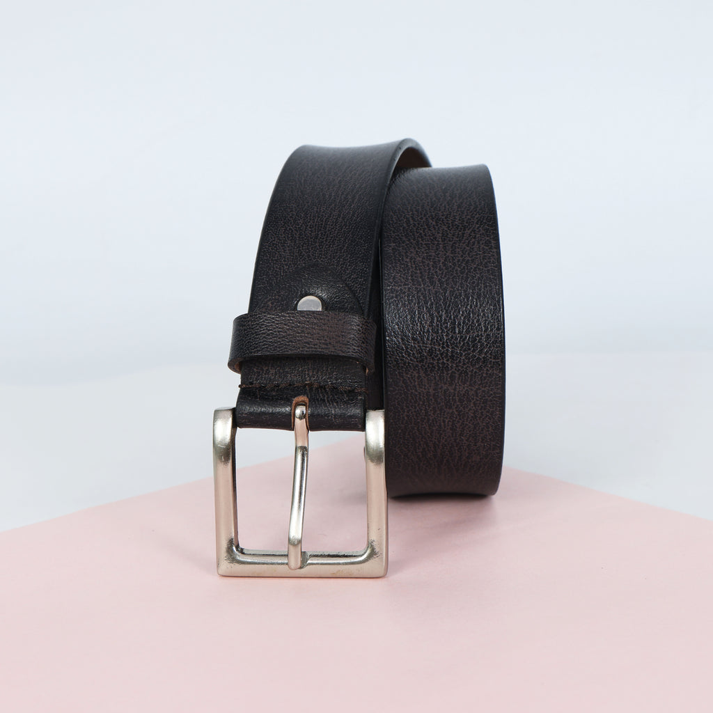 Black Hand-Painted Leather Belt - Tree Pattern with Silver Buckle