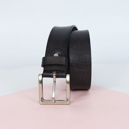 Black Hand-Painted Leather Belt - Tree Pattern with Silver Buckle