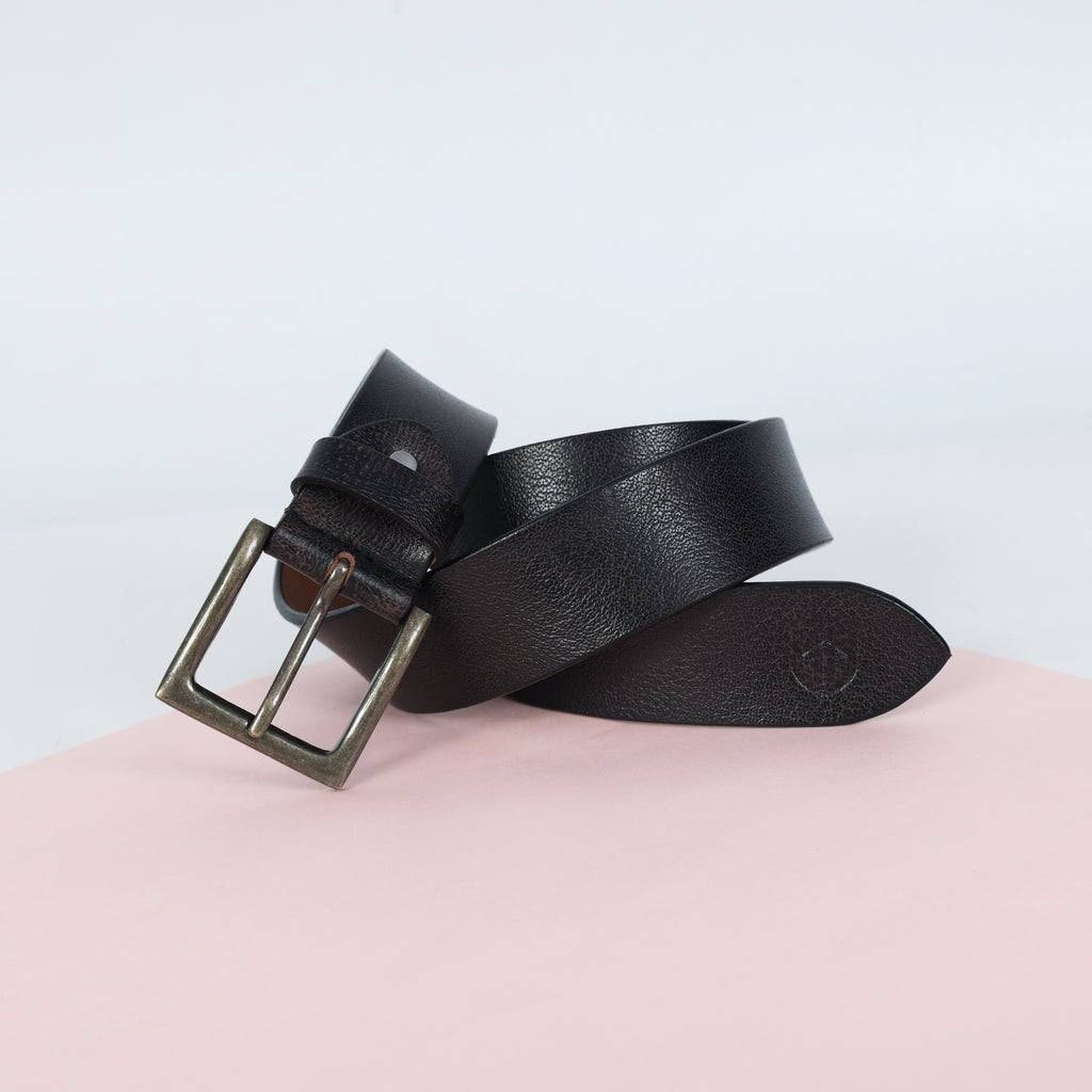 Black Hand-Painted Leather Belt - Tree Pattern with Antique Buckle