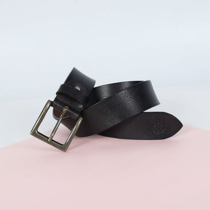 Black Hand-Painted Leather Belt - Tree Pattern with Antique Buckle