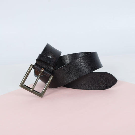 Black Hand-Painted Leather Belt - Tree Pattern with Antique Buckle
