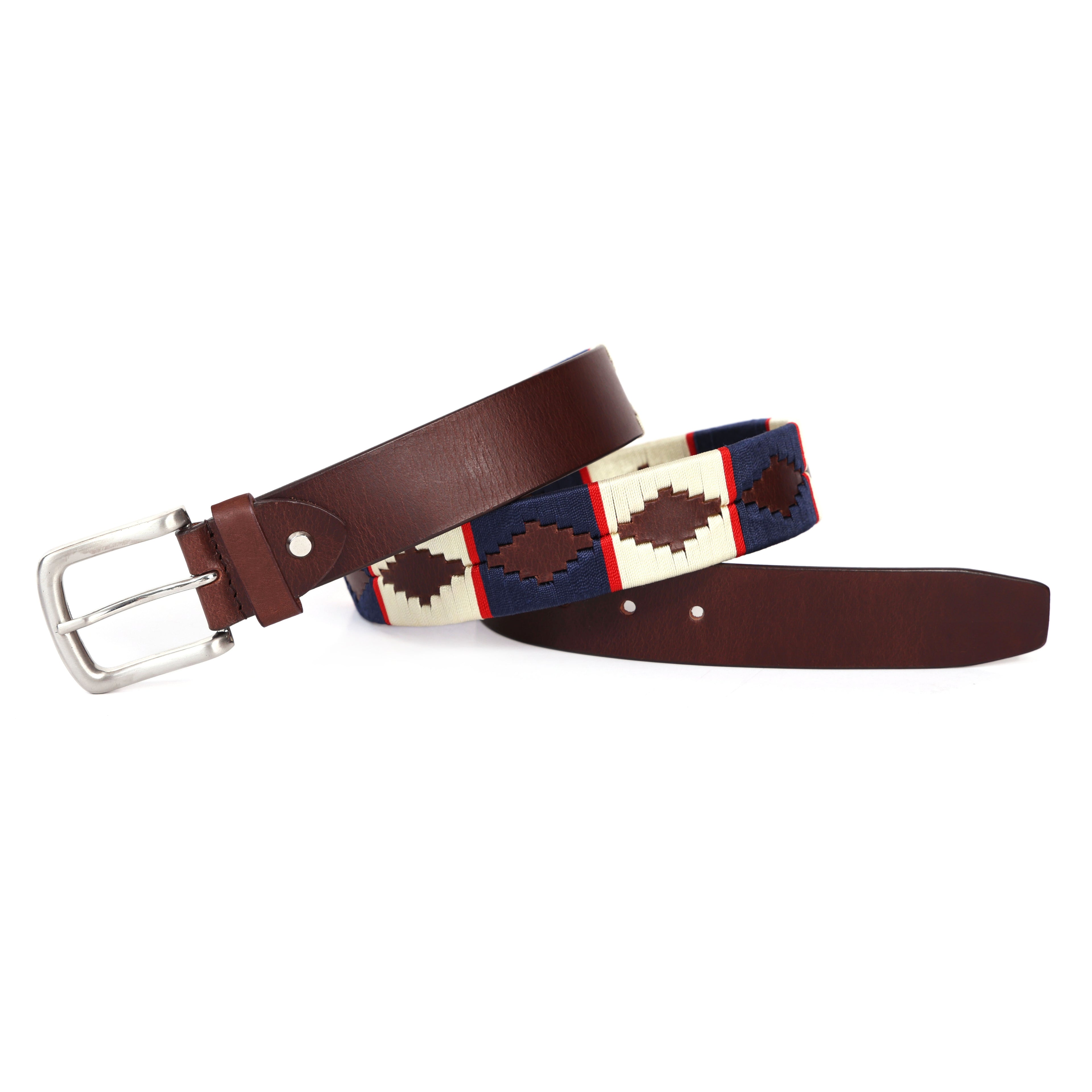 Brown Polo Leather Belt with Blue, Red, and Cream Stitching & Silver Buckle