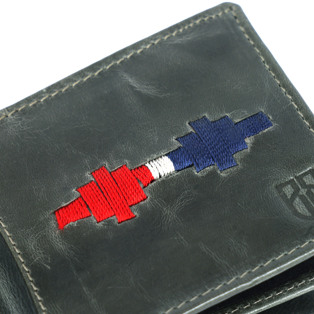 Handmade Leather Gaucho (Polo) Wallet – Vintage Olive Green Bifold with Red & Blue Argentine Embroidery