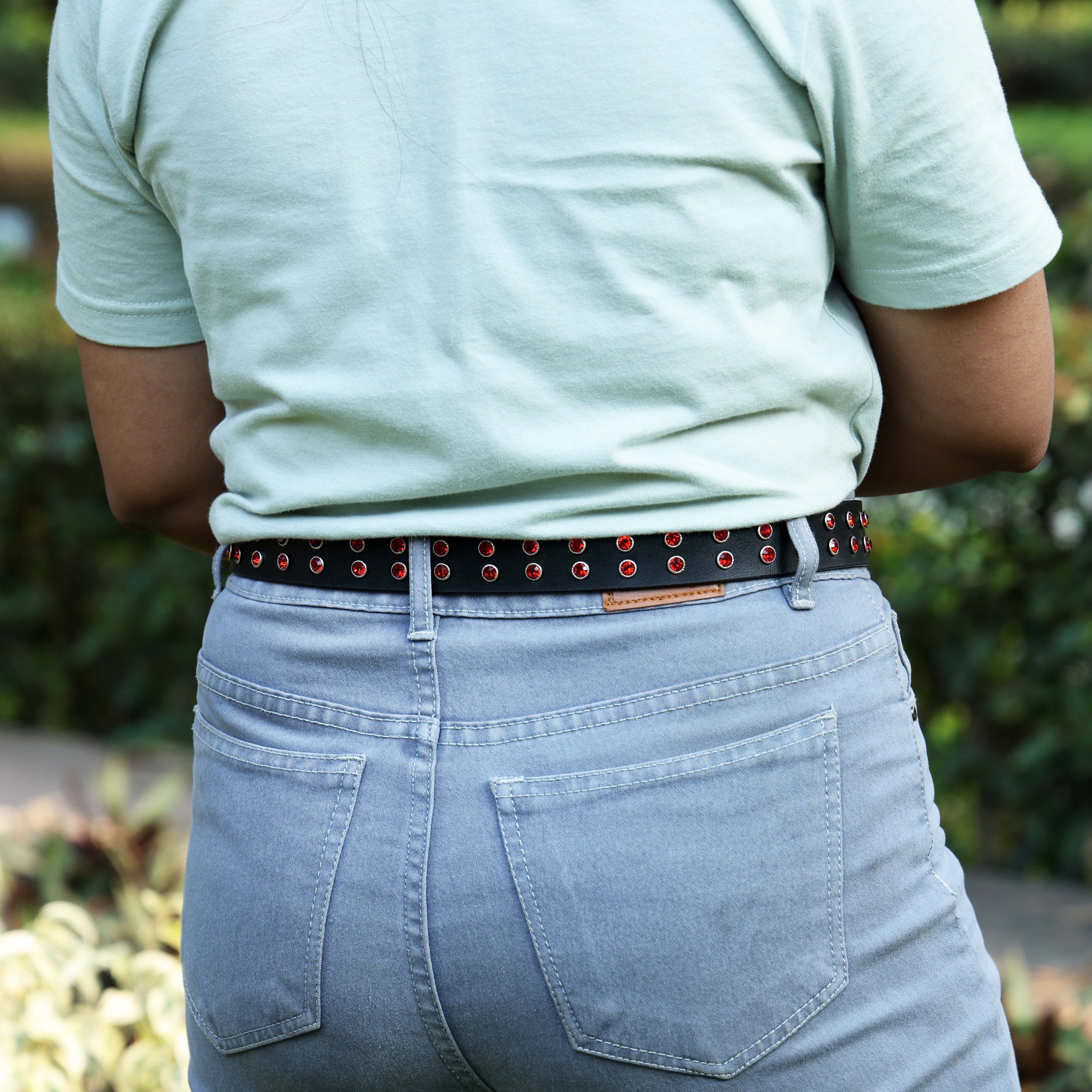 Black Studded Leather Belt for Women – Fashion Rhinestone Punk Rock Belt with Silver Buckle