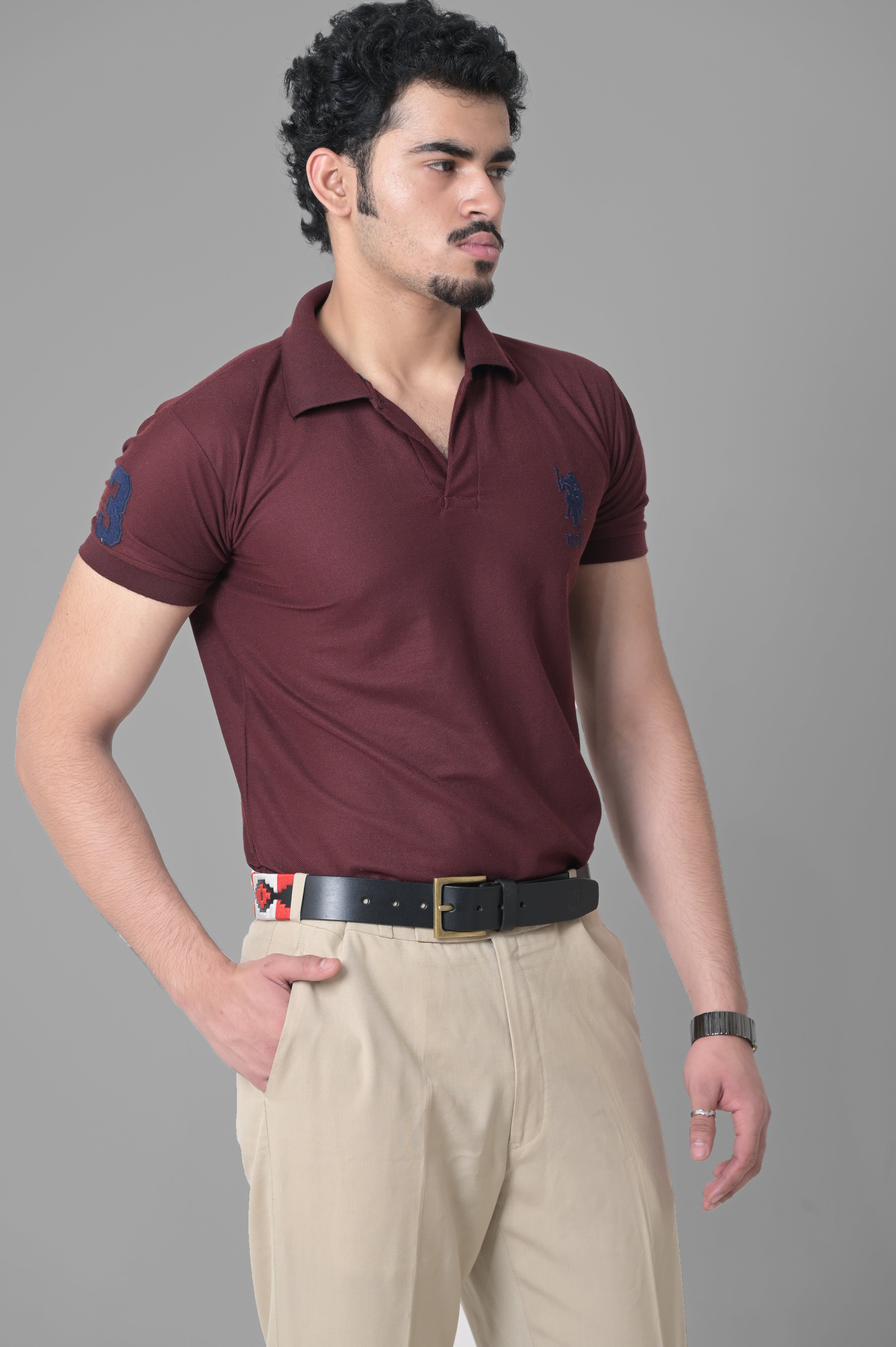 Black Polo Leather Belt with Red and White Stitching & Antique Buckle