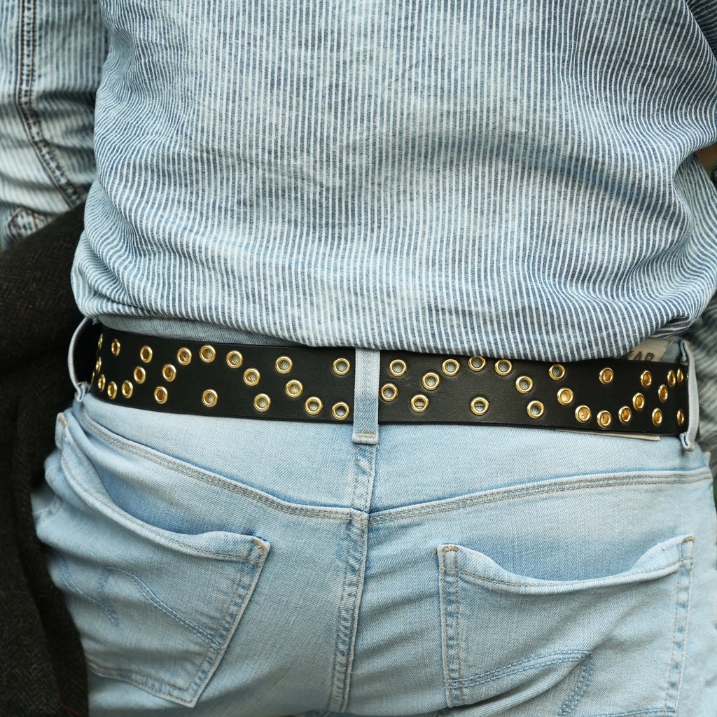Black Leather Grommet Belt for Men – Double Eyelet Punk Rock Belt with Brass Buckle