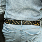 Black Leather Grommet Belt for Men – Double Eyelet Punk Rock Belt with Brass Buckle