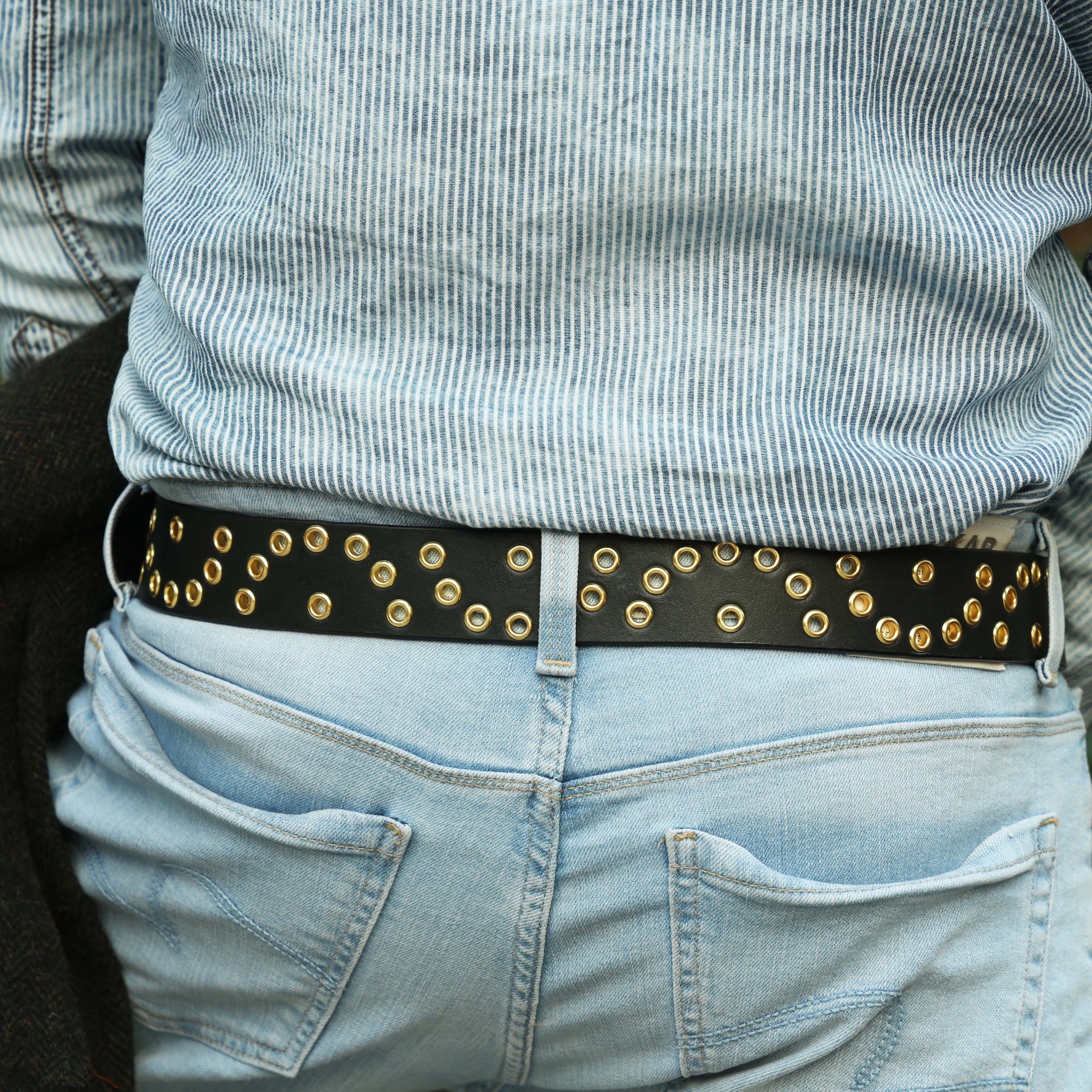 Black Leather Grommet Belt for Men – Double Eyelet Punk Rock Belt with Brass Buckle