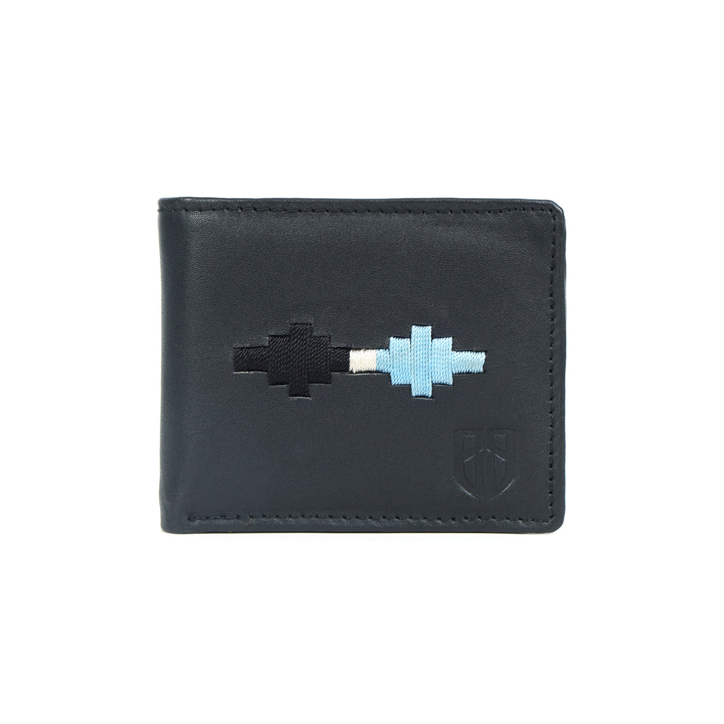 Handcrafted Gaucho Leather Wallet – Matt-Black Bifold with Sky-Blue & Black Patagonian Embroidery