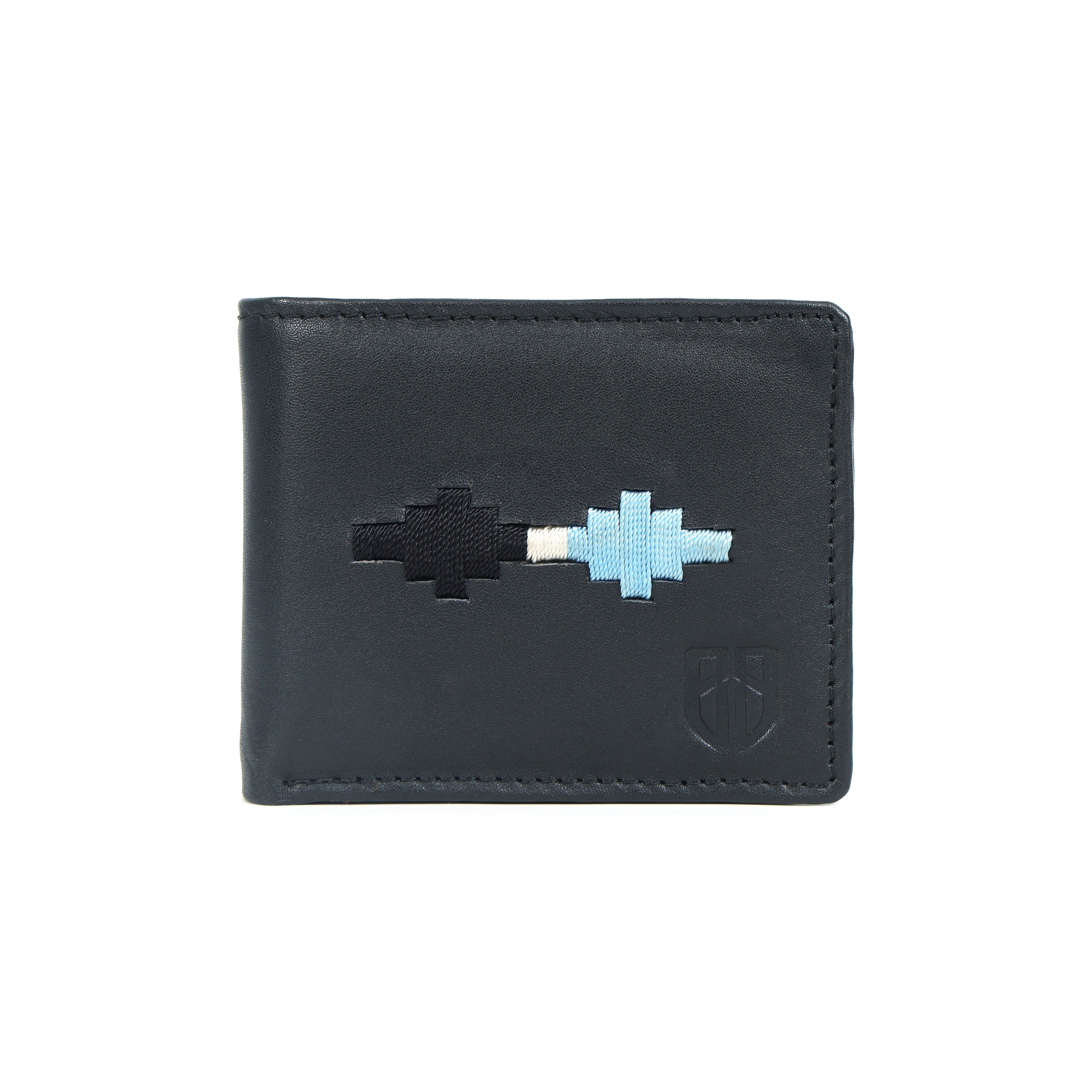 Handcrafted Gaucho Leather Wallet – Matt-Black Bifold with Sky-Blue & Black Patagonian Embroidery