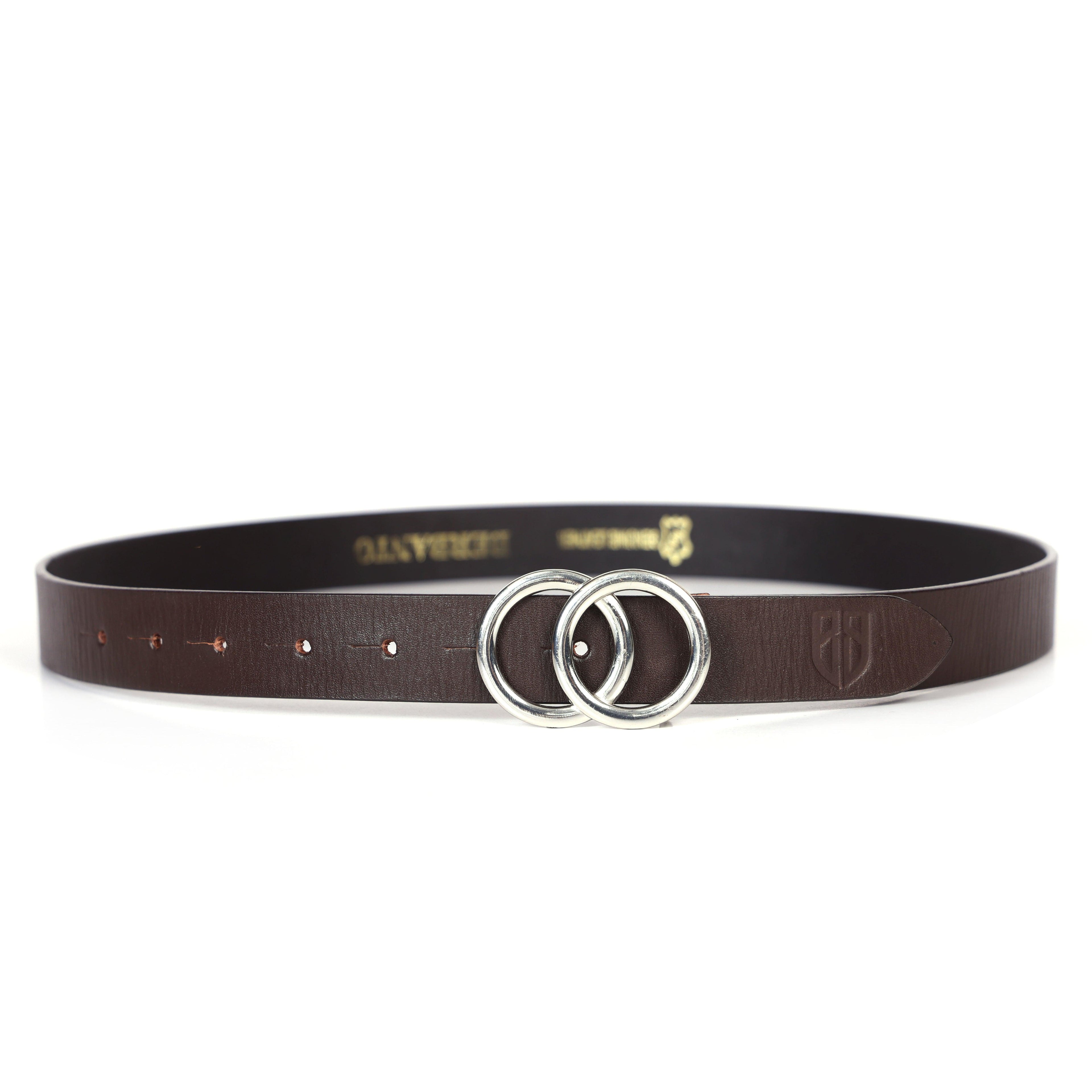 Brown Leather Belt for Women with Silver Round Buckle