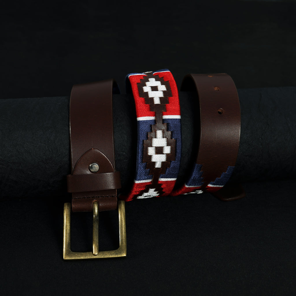 Hand-Embroidered Polo Belt – Premium Full-Grain Leather with Navy, Red, and White embroidered