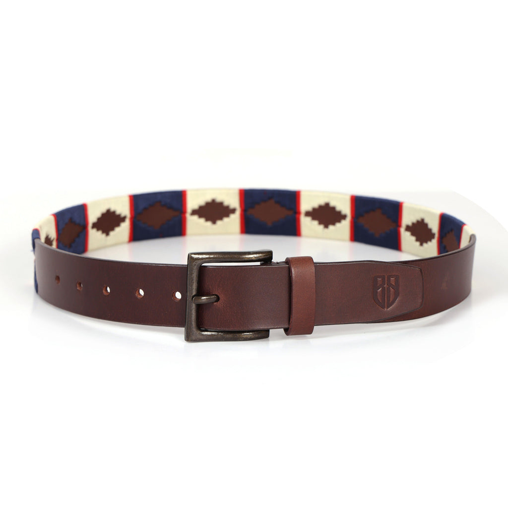 Brown Polo Leather Belt with Cream, Blue, and Red Stitching & Classic Antique Buckle