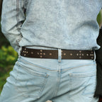 Men’s Brown Leather Belt with Antique Brass Buckle & Metal Studs – Premium Designer Rock Style Belt