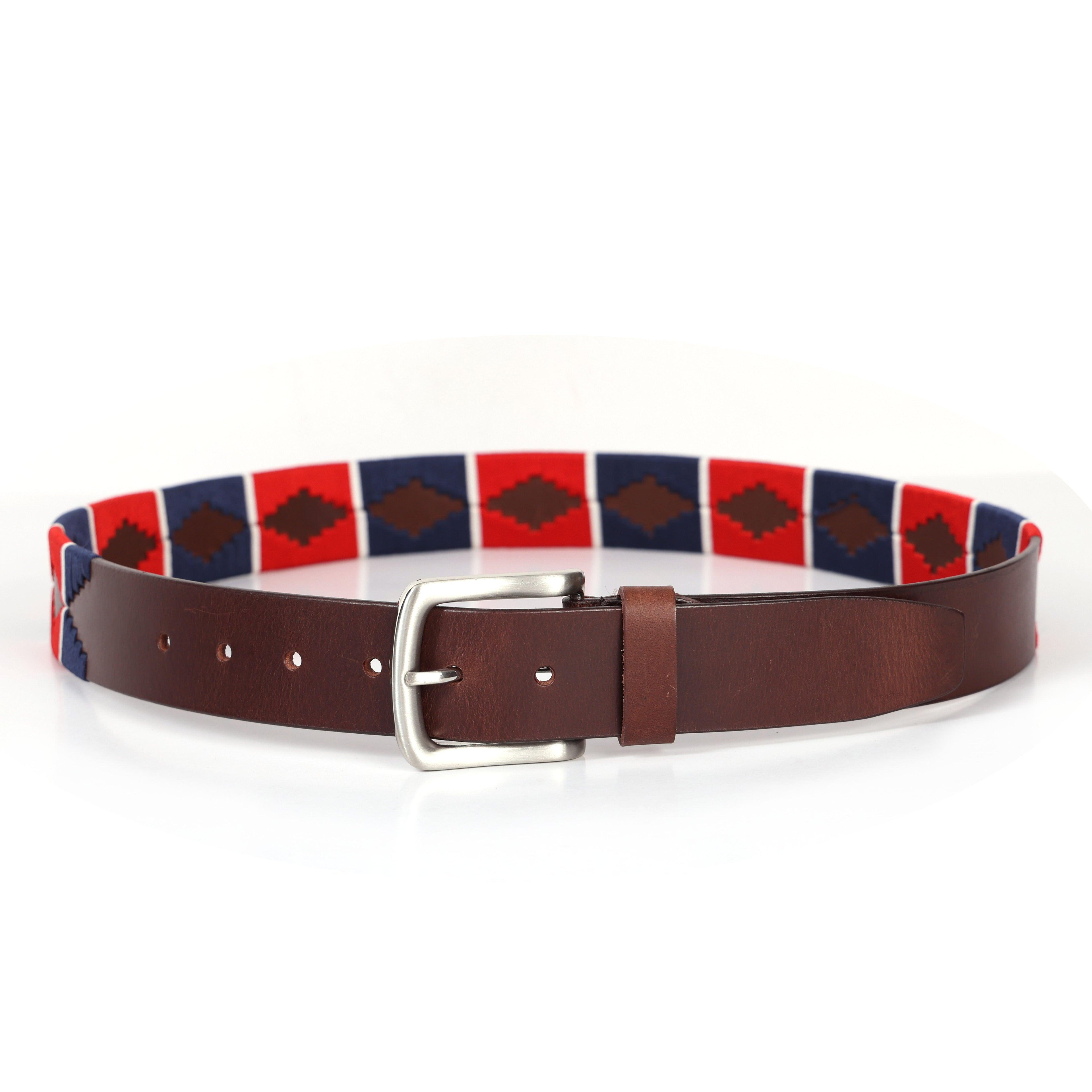 Brown Polo Leather Belt with Red and Blue Stitching and Classic Silver Buckle