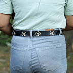 Black Studded Leather Belt for Women – Floral Western-Style Grommet Belt with Silver Buckle