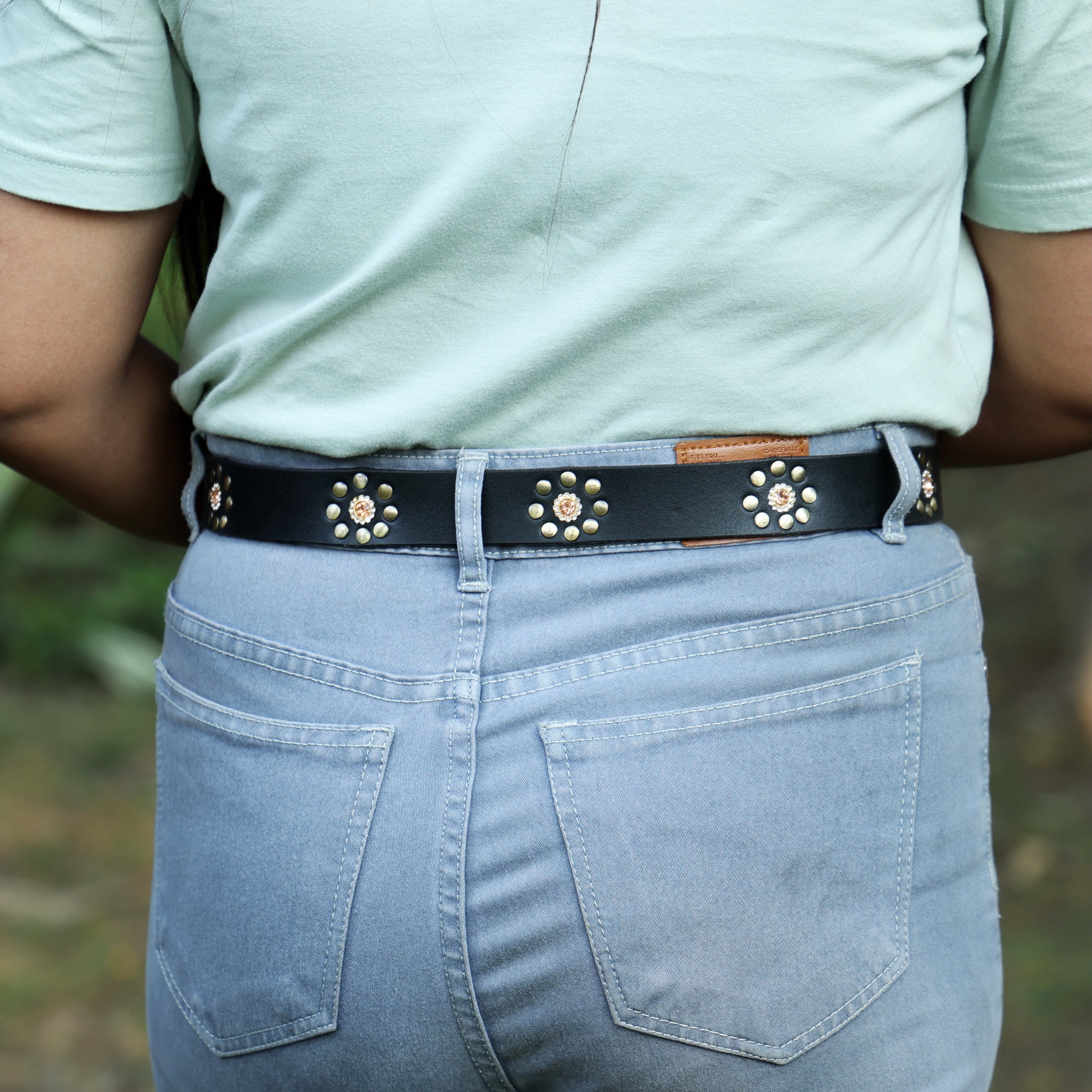 Black Studded Leather Belt for Women – Floral Western-Style Grommet Belt with Silver Buckle