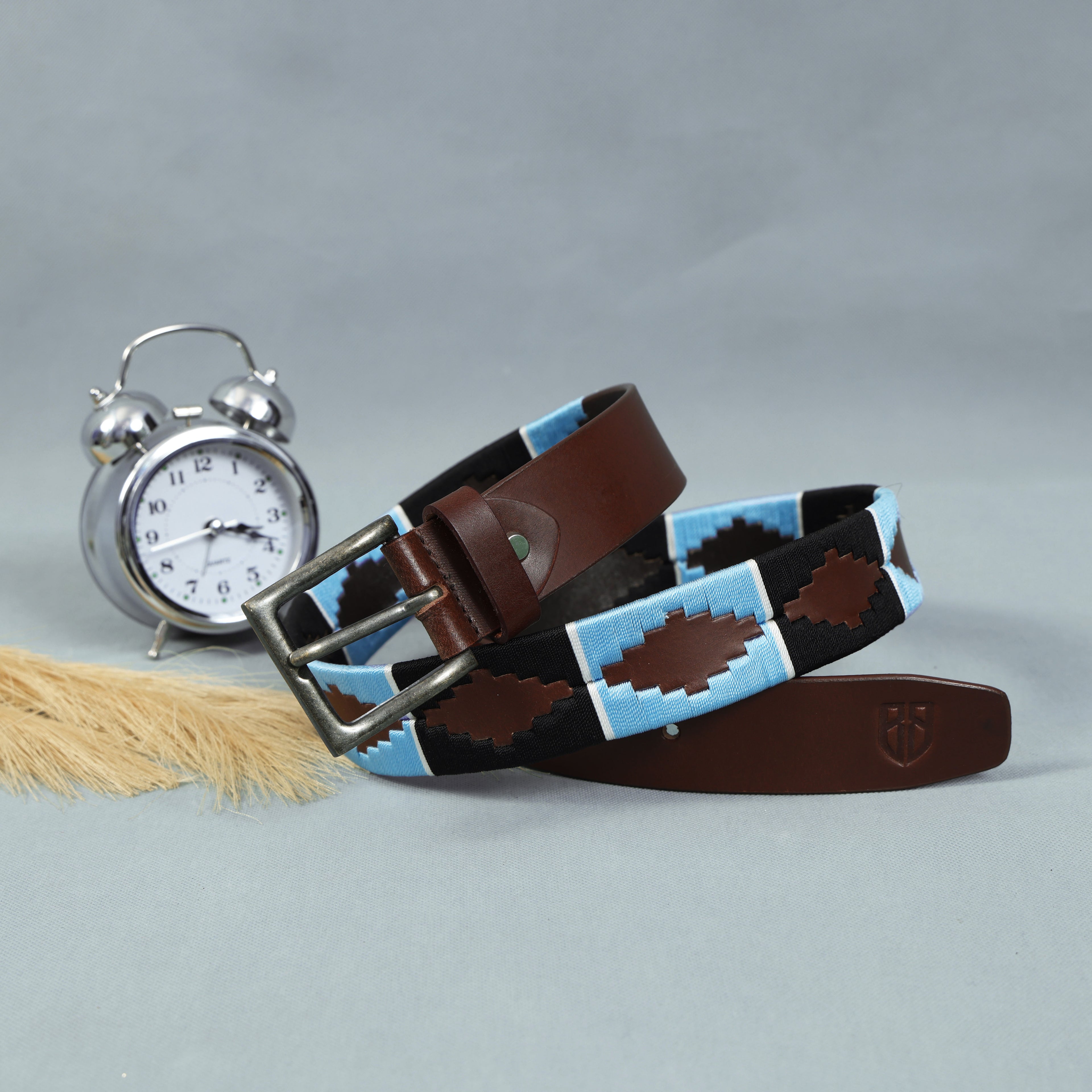 Brown Polo Leather Belt with Blue and Black Stitching & Antique Buckle